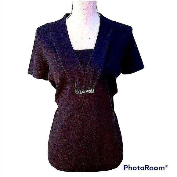 Mercer Street Studio diamanté Embellished Black short sleeve V neck top Size M - Picture 2 of 7